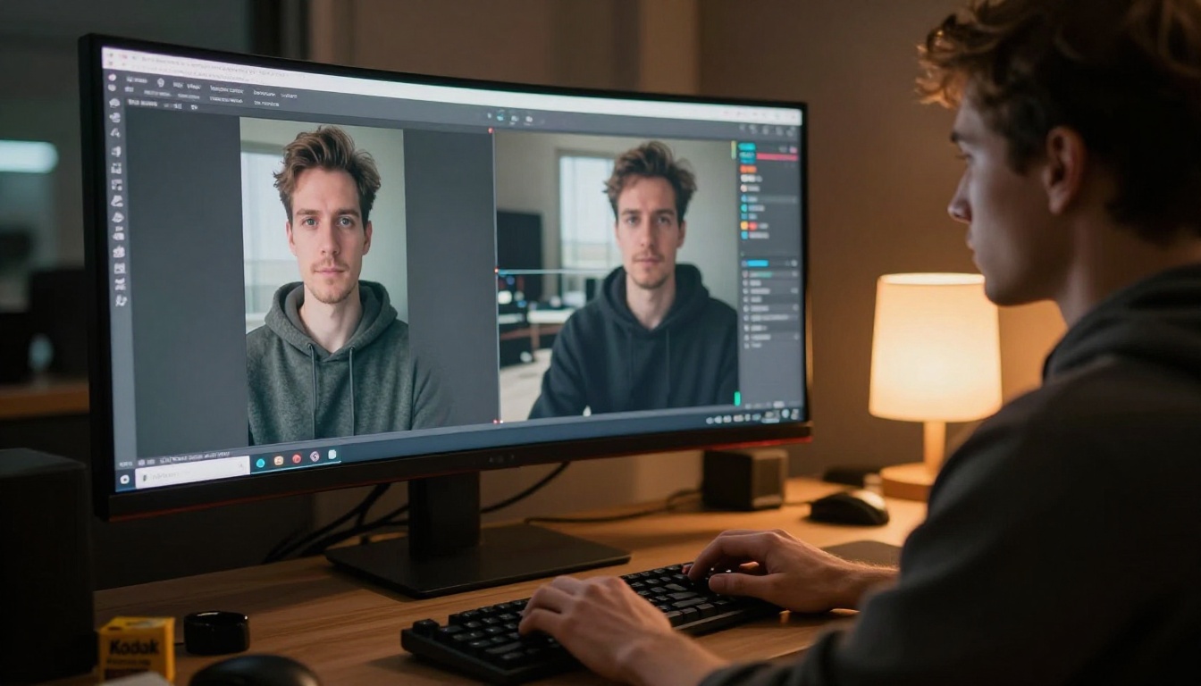 Filmmaker comparing AI video outputs on dual studio monitors