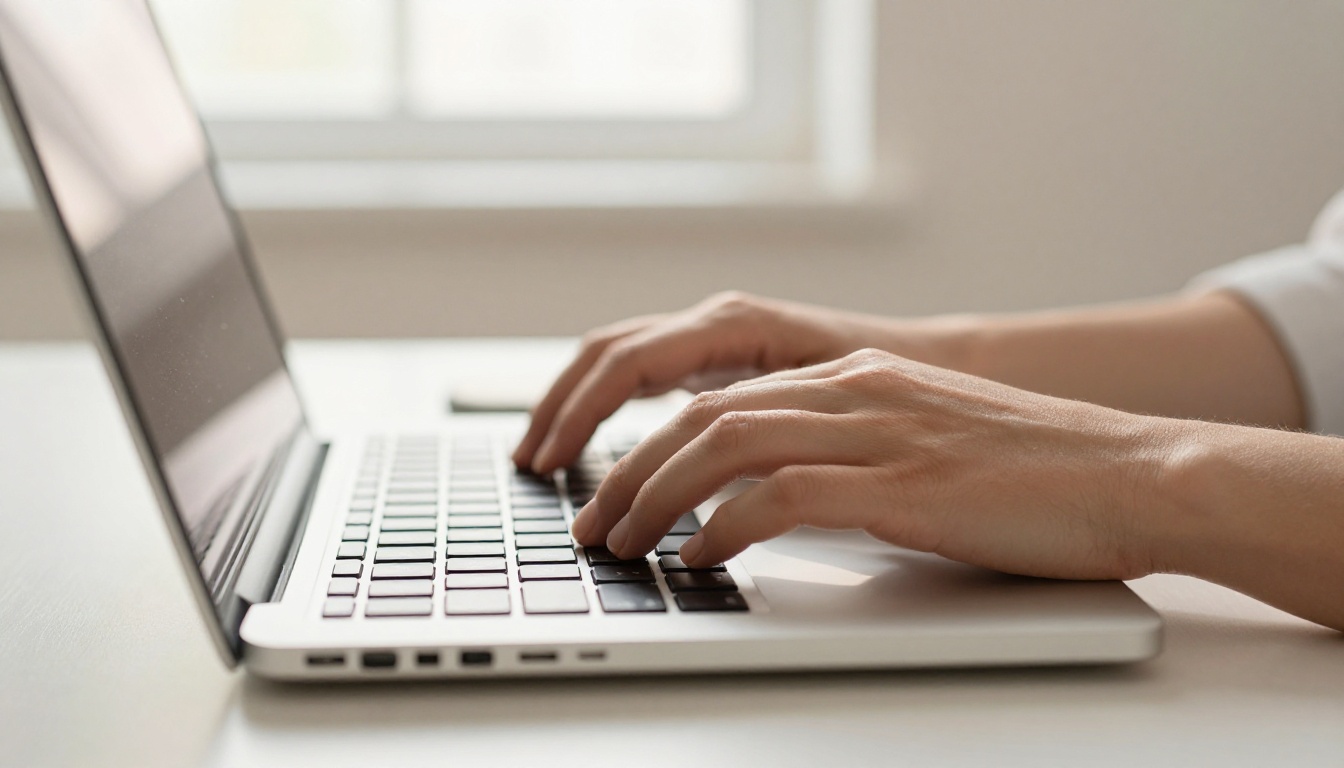Close-up hands typing on a laptop for AI video creation