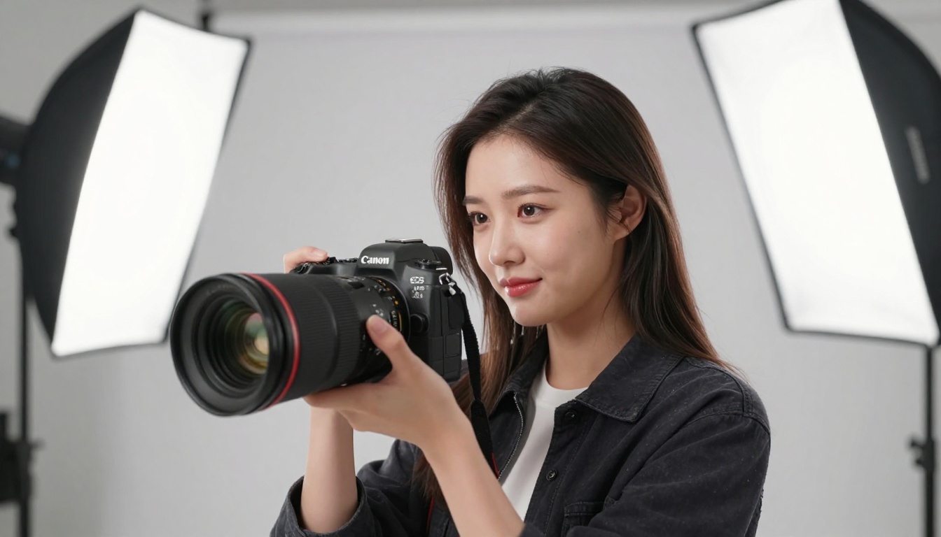 Female content creator holding a cinema camera in a well-lit studio