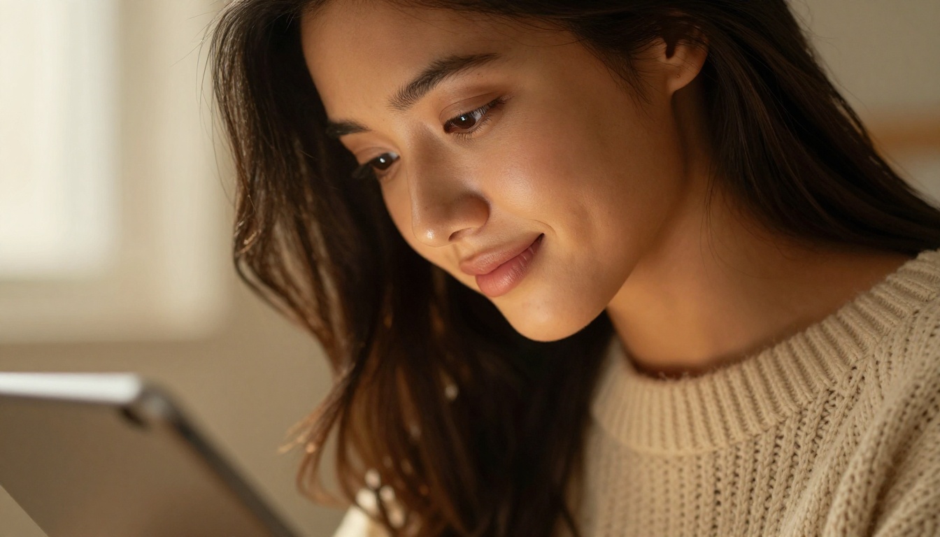 Young woman with warm skin smiling while looking at a tablet screen