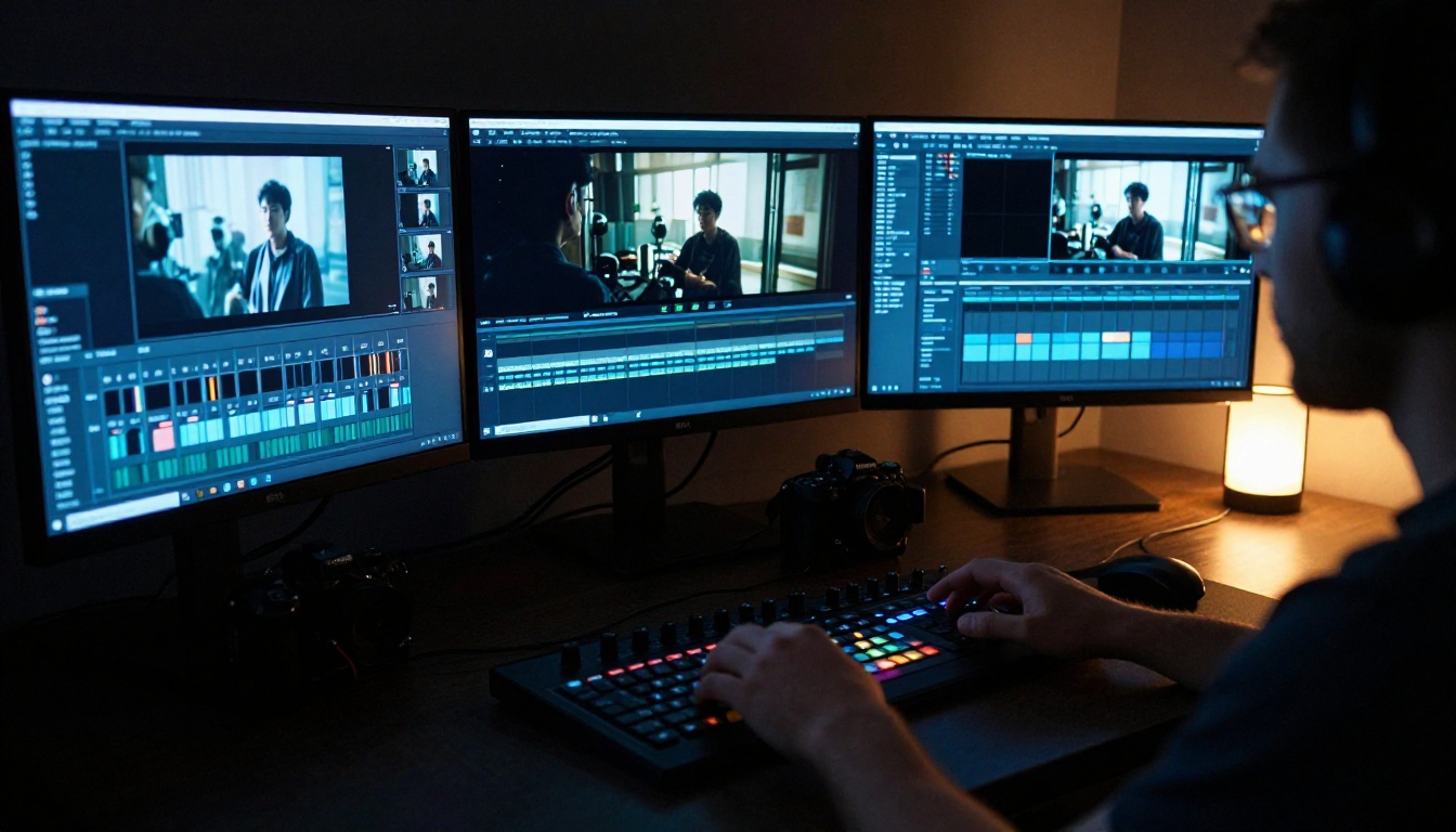 Professional video editor in a dark color grading suite with three monitors
