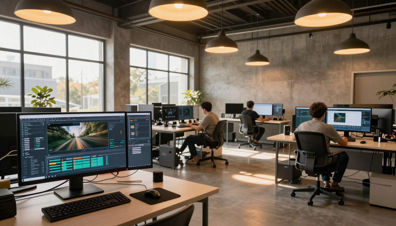 Wide shot of a modern tech studio with multiple AI video workstations and warm lighting