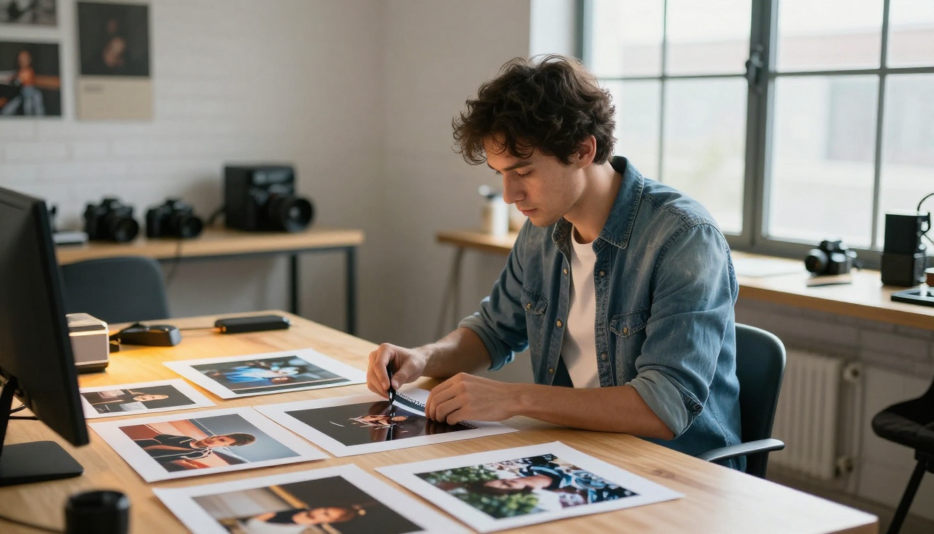 Photographer at light table reviewing work