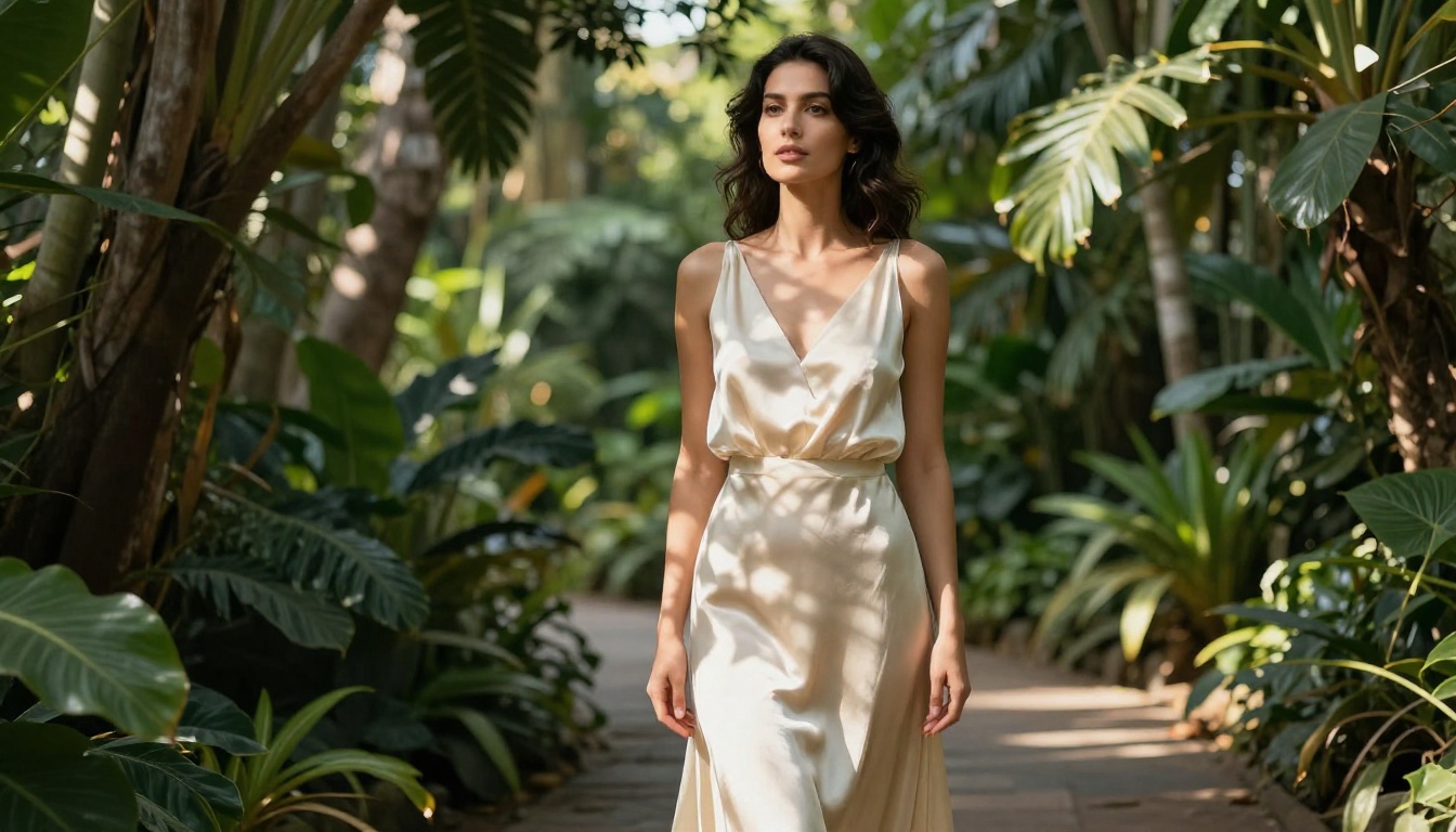 Woman in botanical garden with dappled light