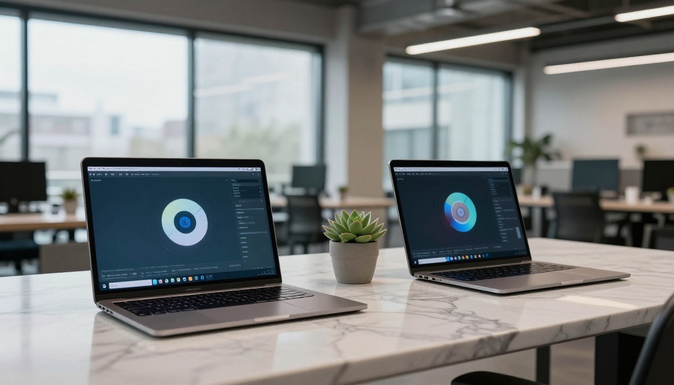 Dual laptop comparison setup on marble desk
