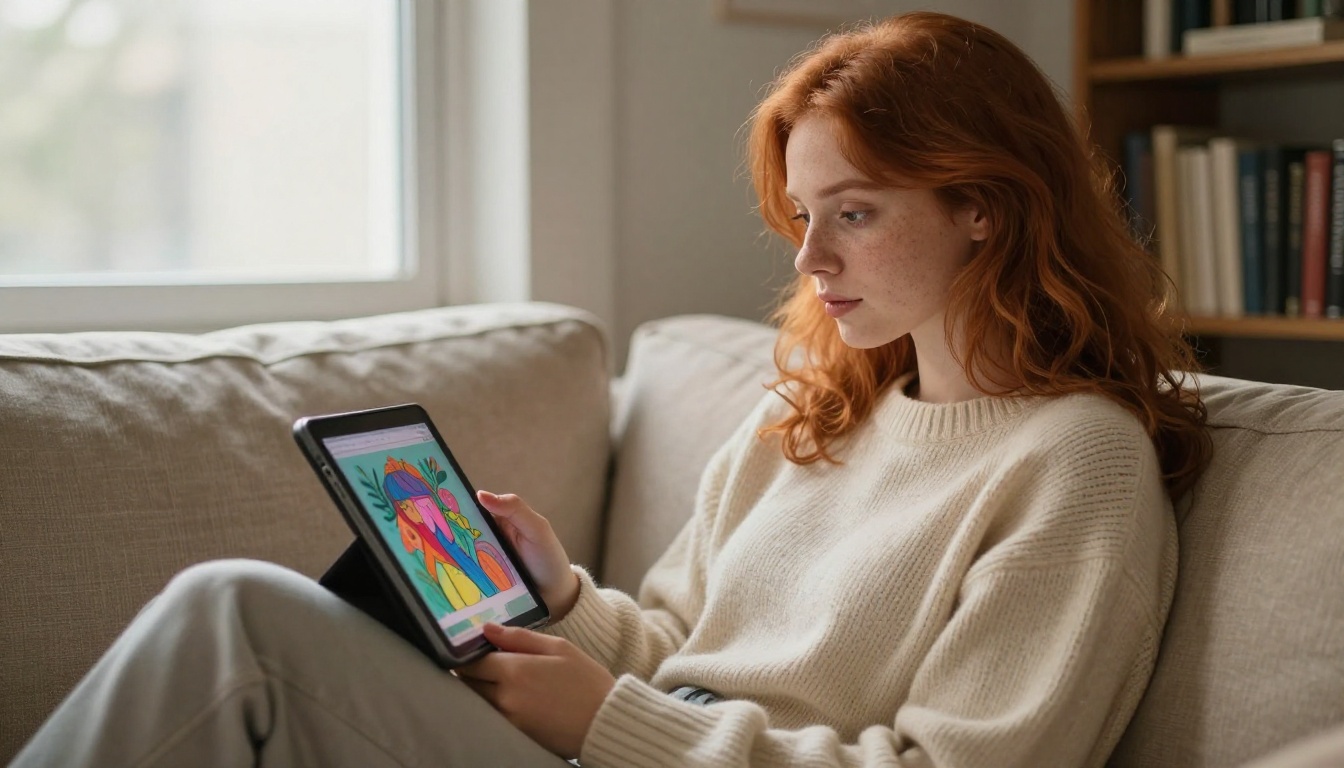 Creative woman with tablet on linen couch