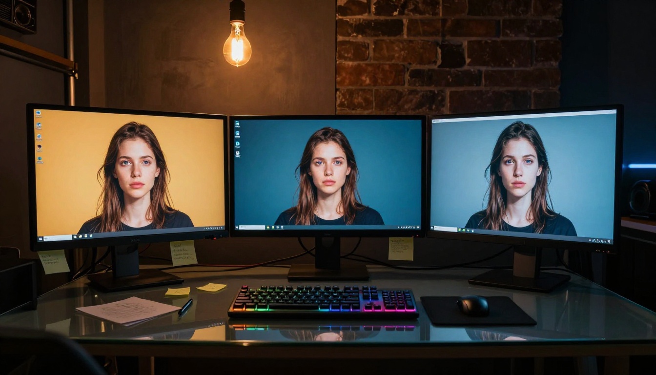 Two monitors glowing side by side in a dark studio Two monitors glowing side by side in a dark studio