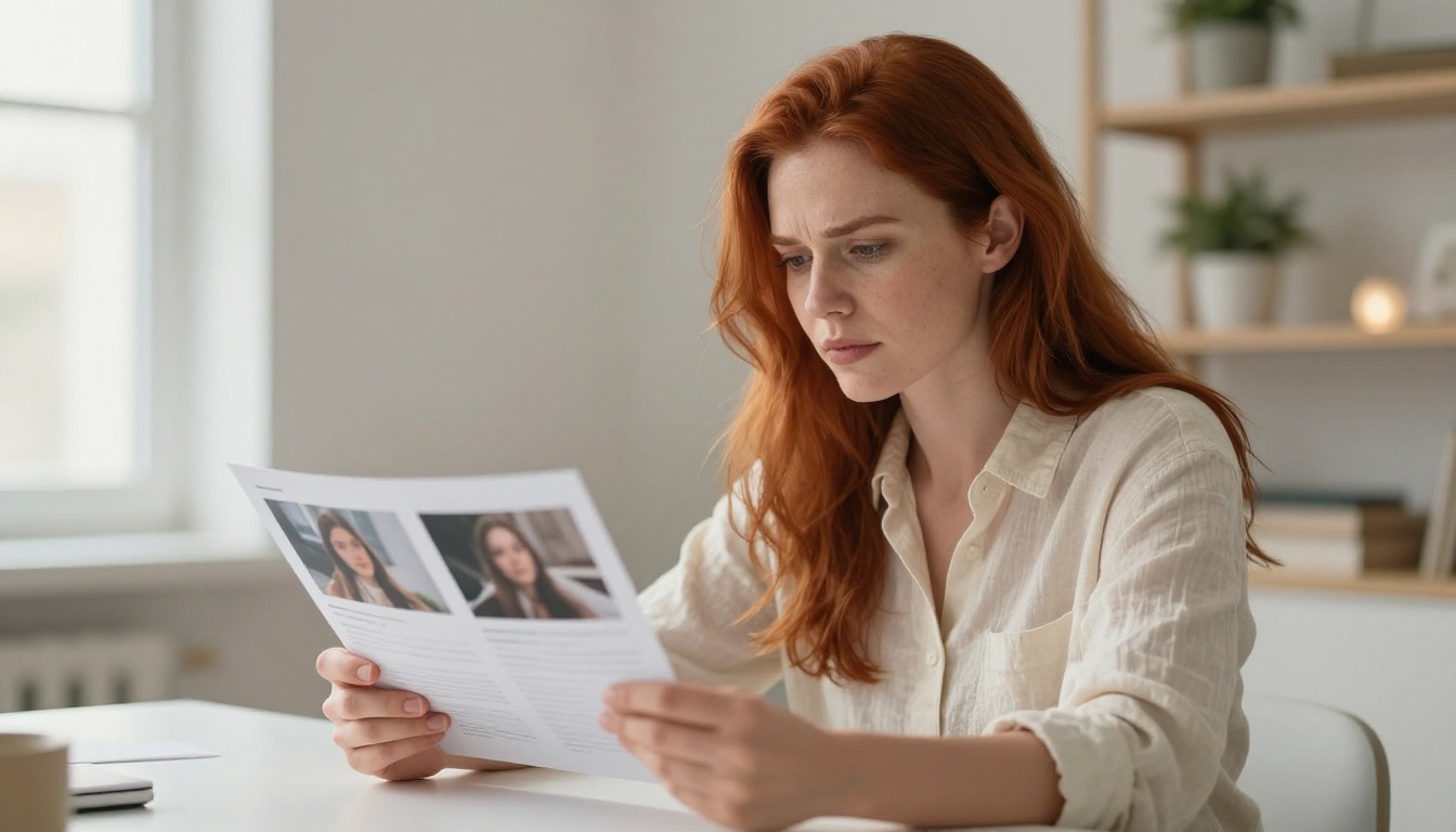 Woman reviewing two printed AI image comparison sheets Woman reviewing two printed AI image comparison sheets
