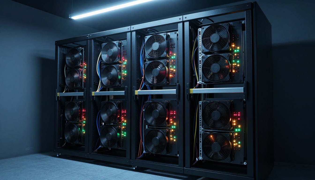 GPU server rack with multicolor LED status lights in dark room GPU server rack with multicolor LED status lights in dark room