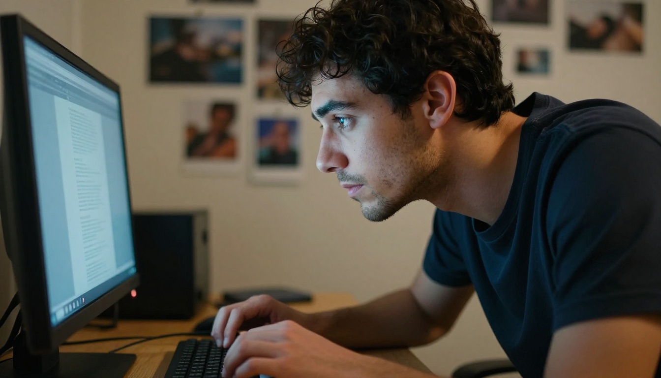 Man focused at monitor with cool screen light and warm lamp rimlight Man focused at monitor with cool screen light and warm lamp rimlight