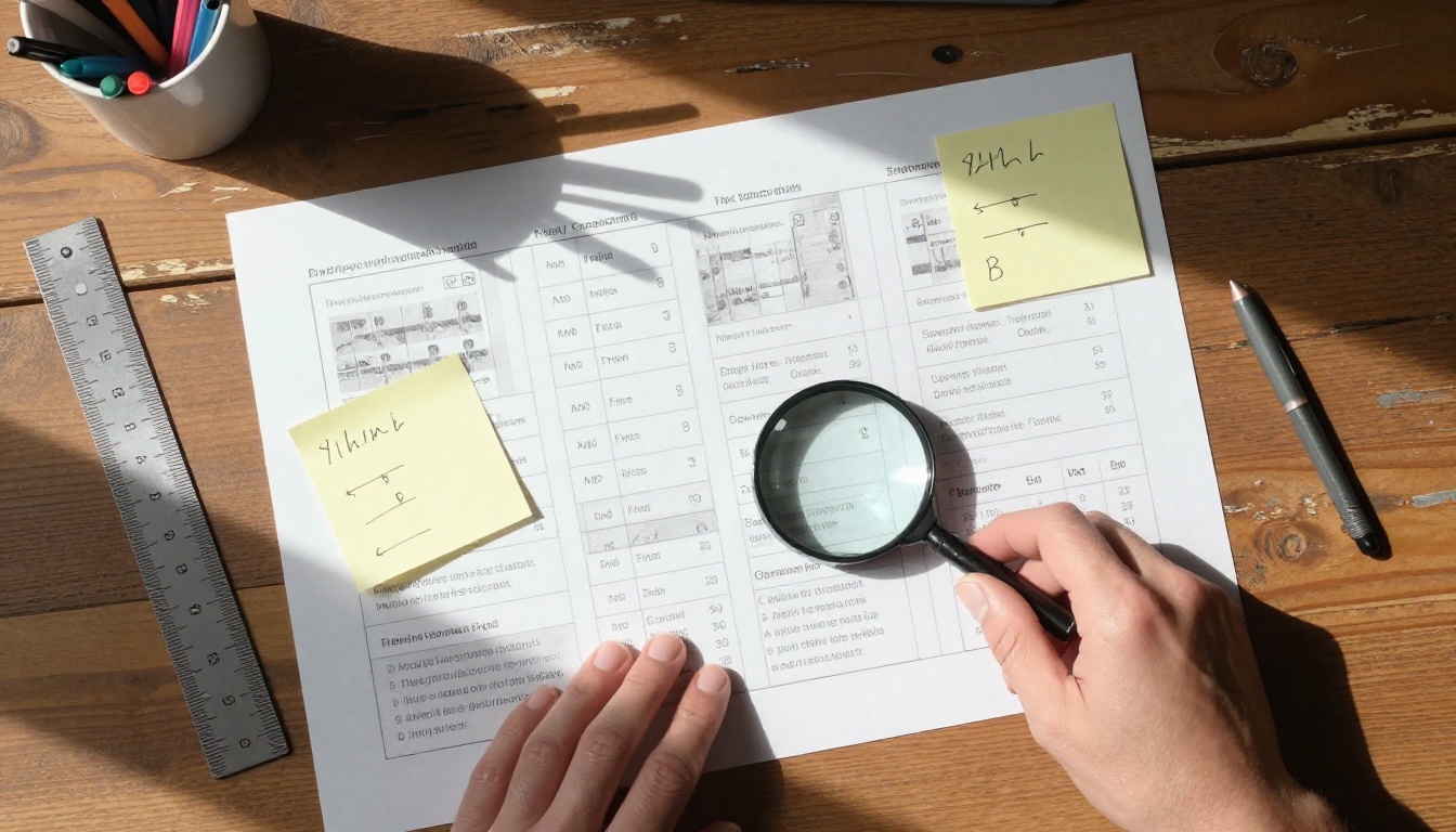 Top-down desk flat lay with comparison charts, ruler, and magnifying loupe