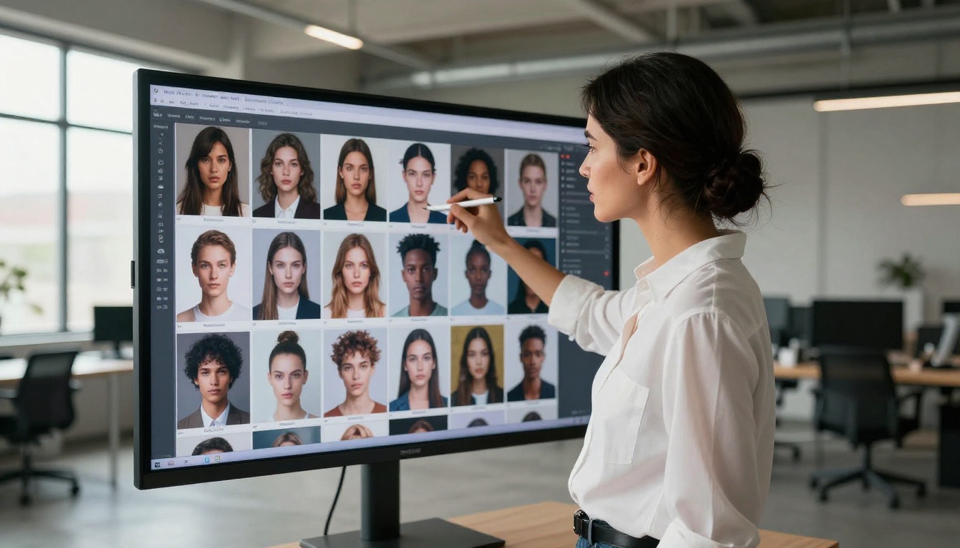 Woman with dark hair in bun pointing at AI portrait grid on agency wall display