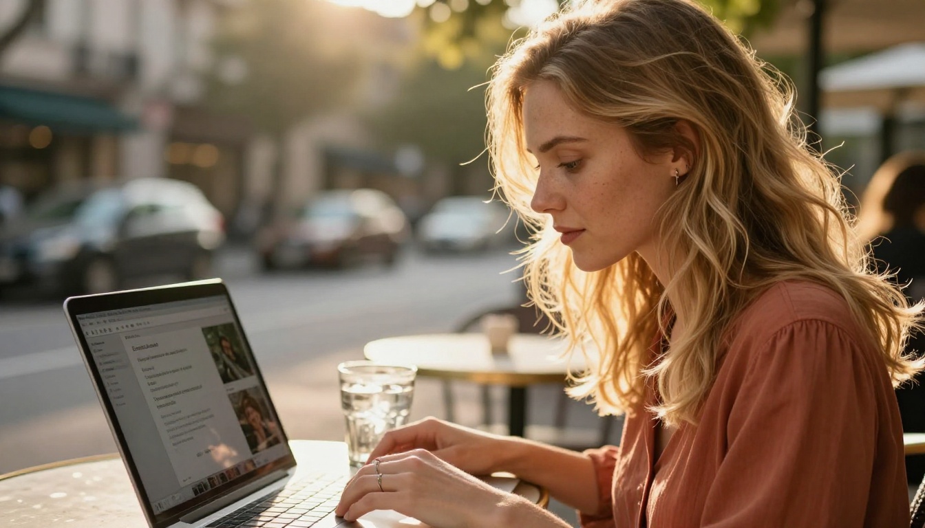 Woman with blonde hair at outdoor cafe with open laptop in golden afternoon light