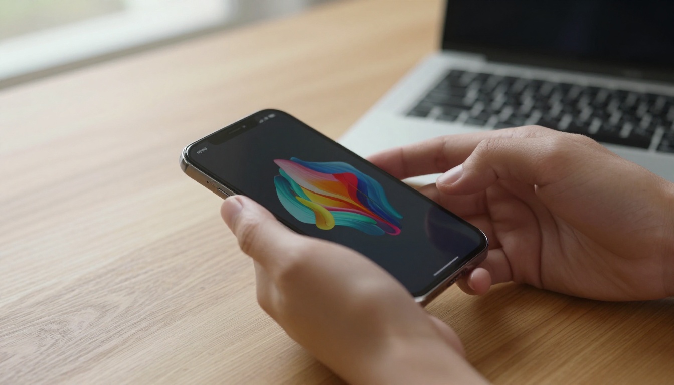 Two hands with smartphone and laptop showing creative AI interfaces