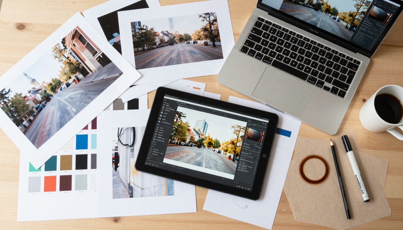 Top-down aerial view of a creative professional workspace with design tools and printed photographs