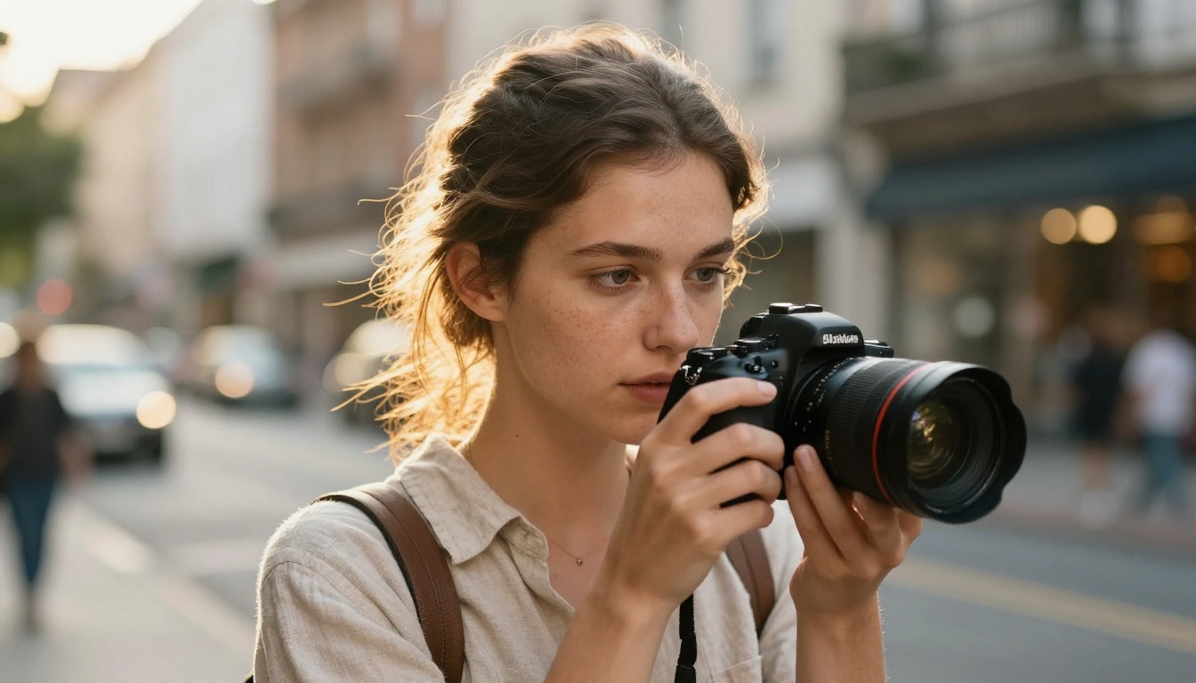 Woman photographer reviewing images on camera outdoors in warm golden hour light