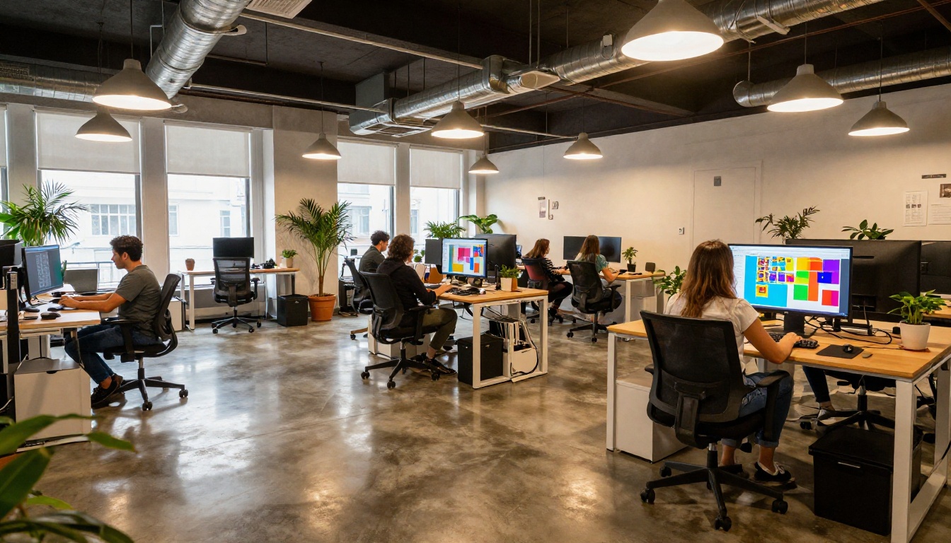 Modern open-plan creative agency office with designers working at standing desks and large monitors