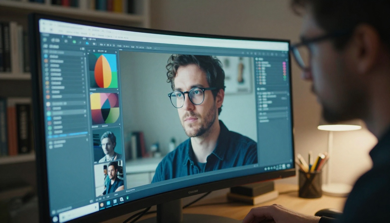 Male designer wearing glasses focused on a large curved monitor displaying image generation outputs
