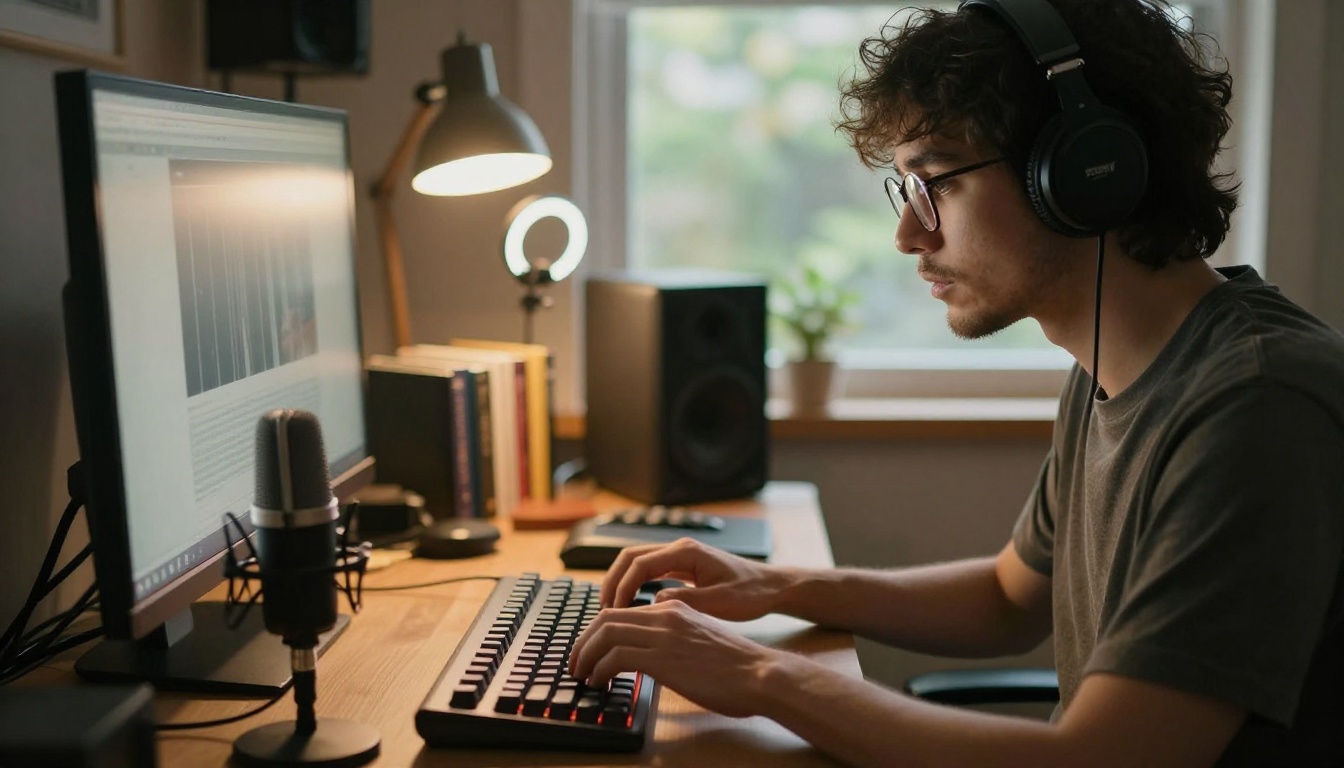 Content creator working in a home studio with microphone, keyboard, and monitor setup