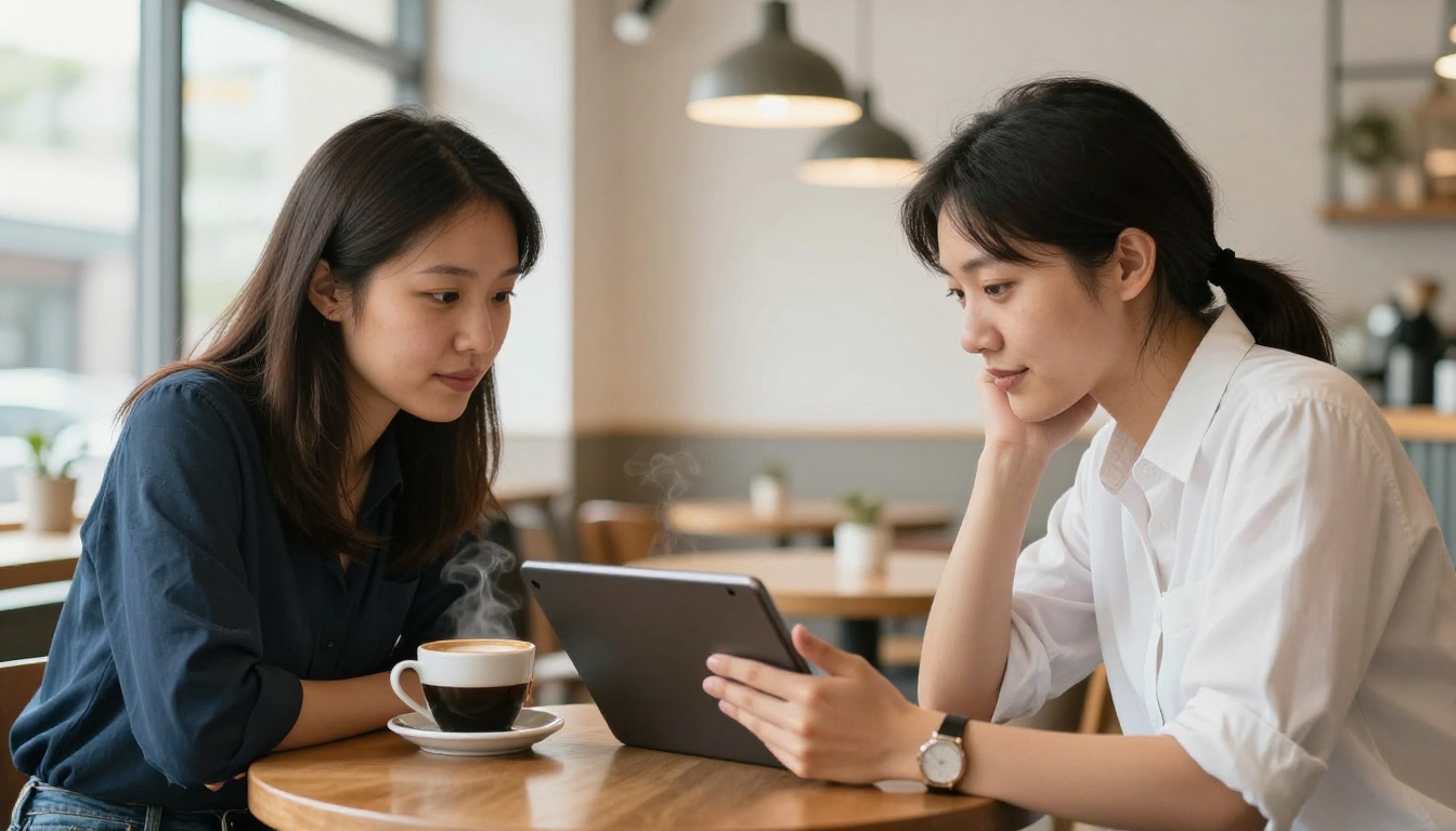 Two creative professionals collaborating over a tablet screen in a bright modern cafe