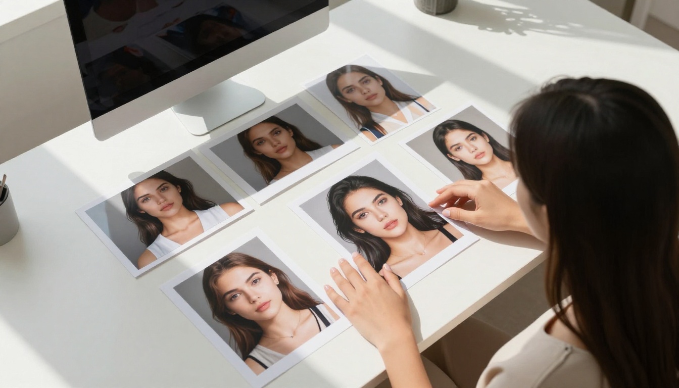 AI creative tools comparison flat lay with printed photos and laptop
