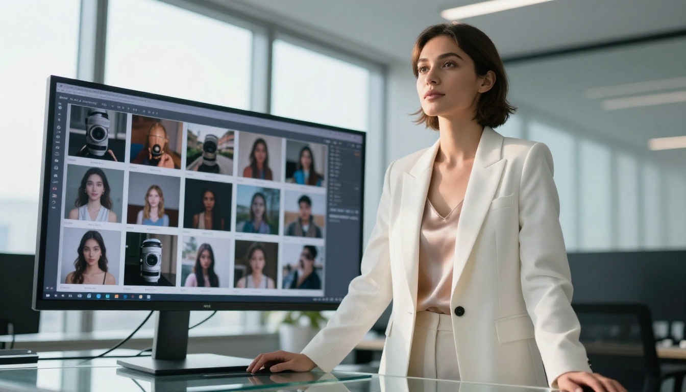 Confident young professional woman in modern office with comparison monitor