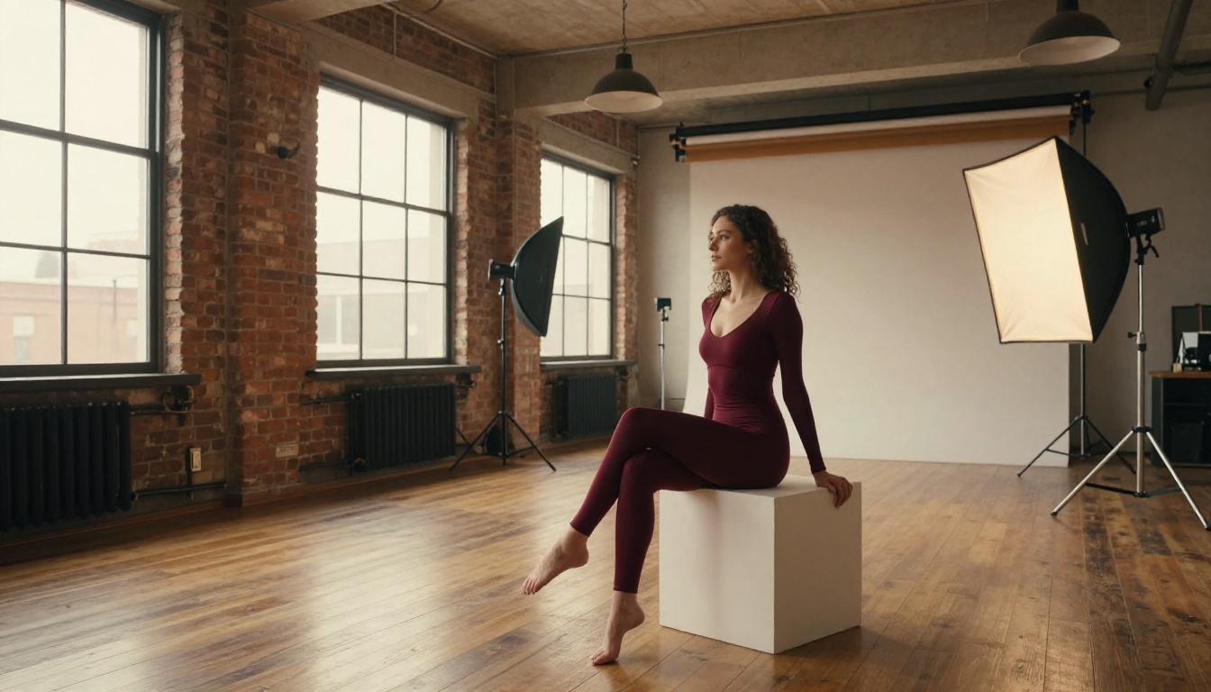Professional photography studio interior with natural golden hour light