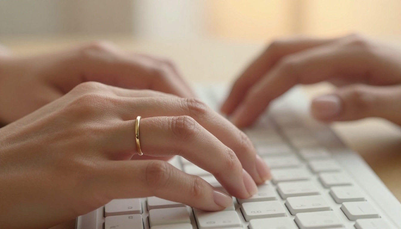 Feminine hands with gold ring jewelry on white keyboard, shallow depth of field