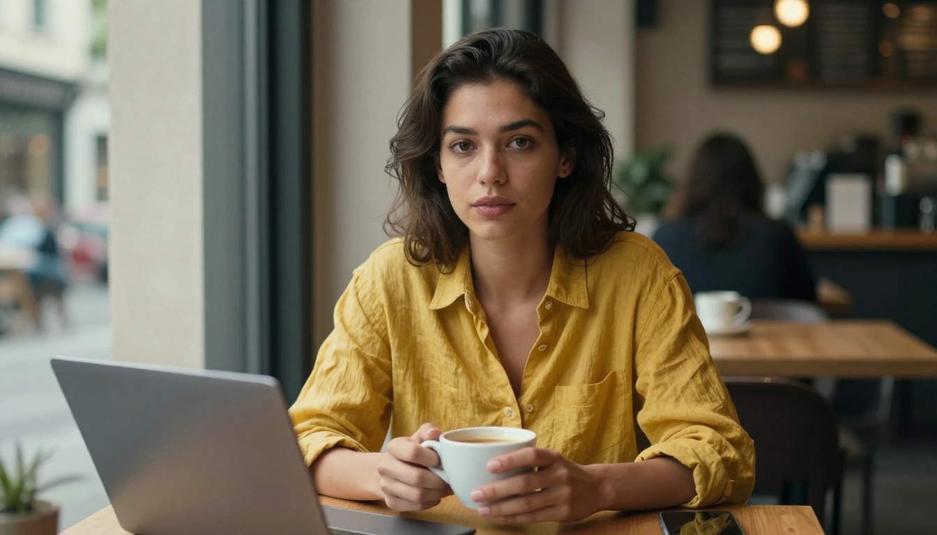 Young woman with laptop at café window, natural overcast daylight, candid expression