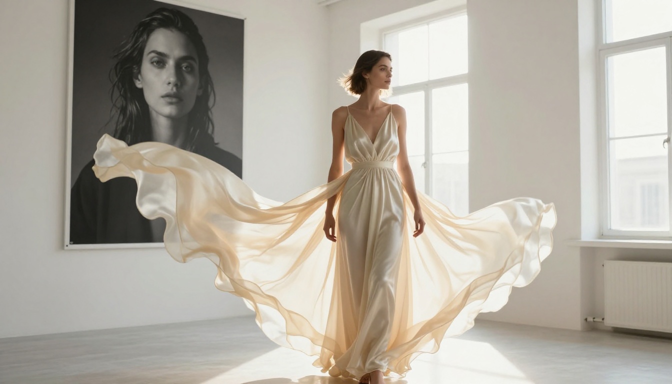 High-fashion editorial woman in cream silk dress, sun-flooded white studio
