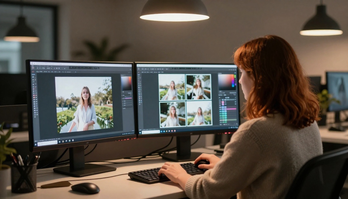 Creative professional woman at dual monitor workstation reviewing AI image variants
