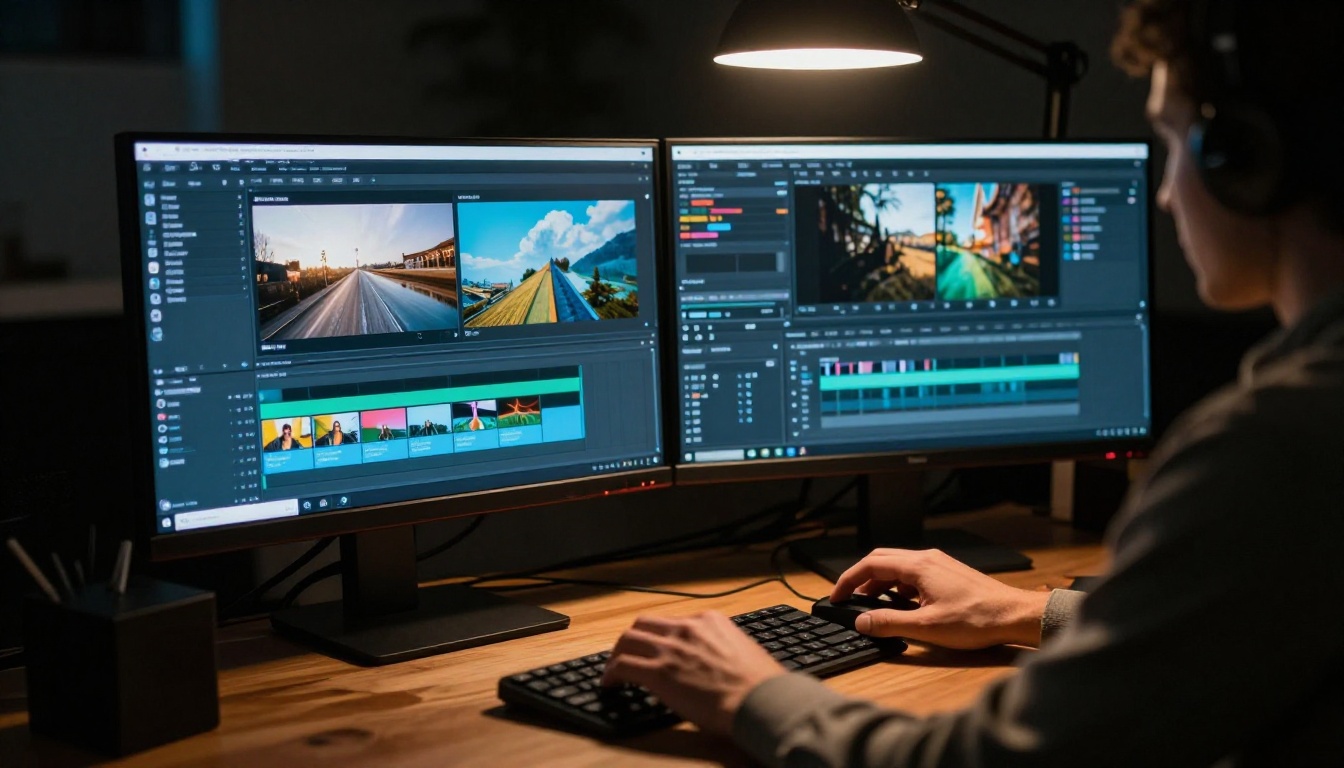Professional video editor working at dual monitor setup in dark creative studio