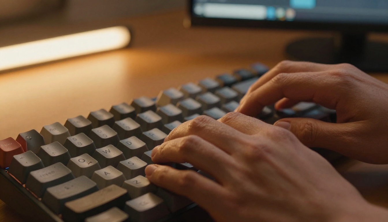 Close-up of hands typing prompt on mechanical keyboard with screen glow