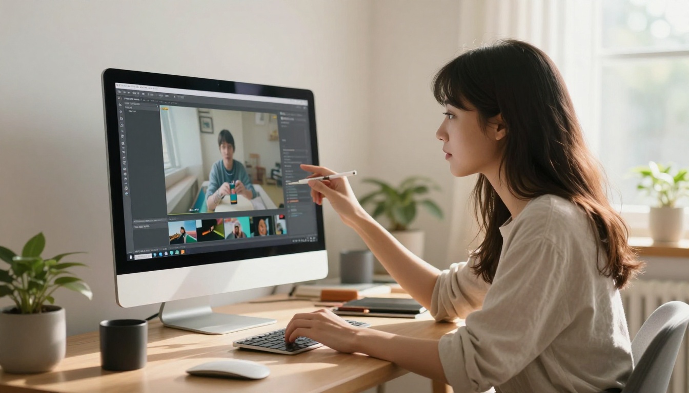 Young woman content creator reviewing AI video results on large monitor at home office