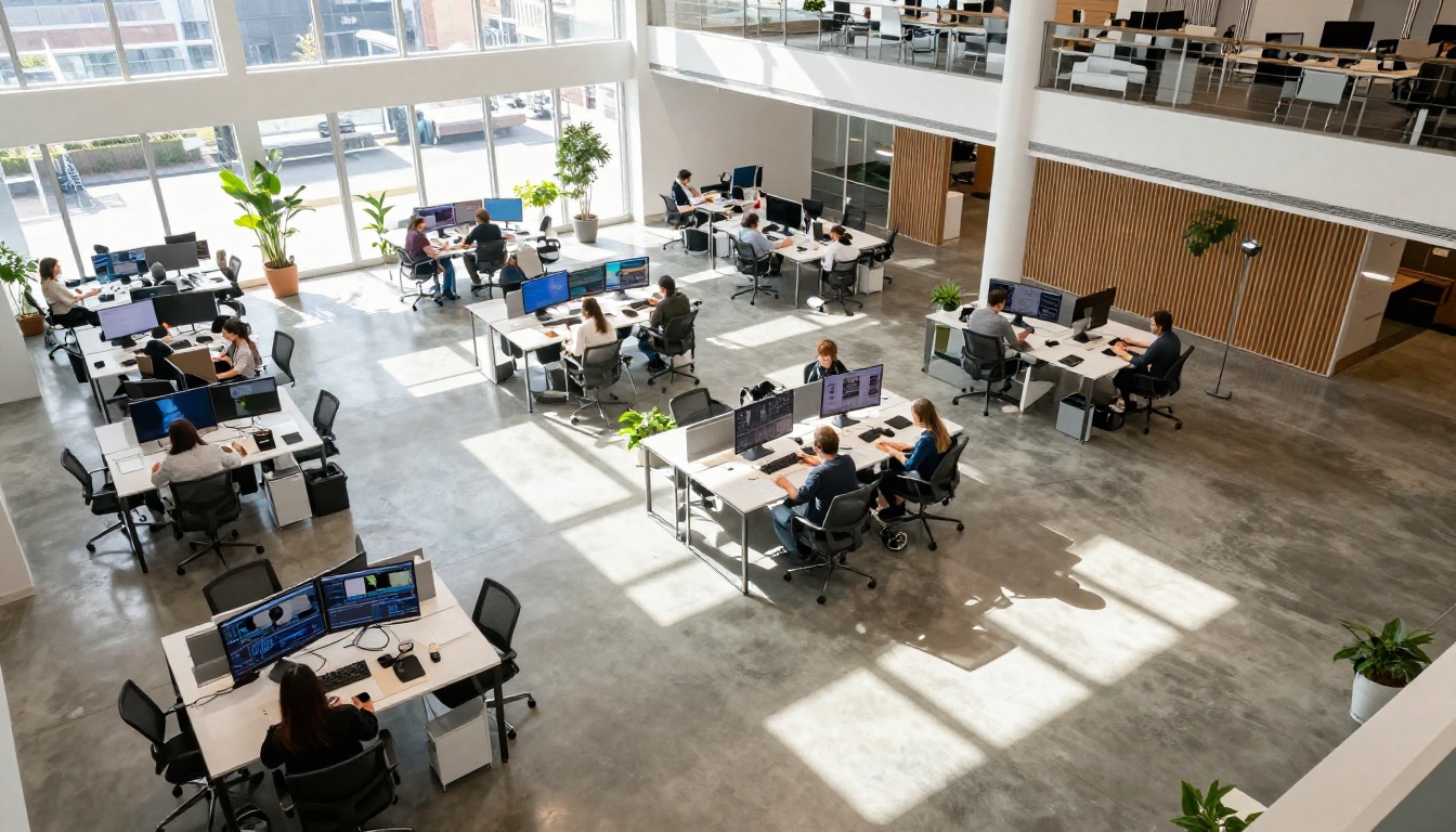 Aerial bird's eye view of modern creative agency open floor plan with team members at desks
