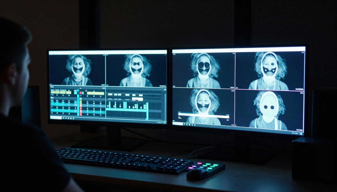 Professional color grading suite with large reference monitor lit by screen glow in dark room