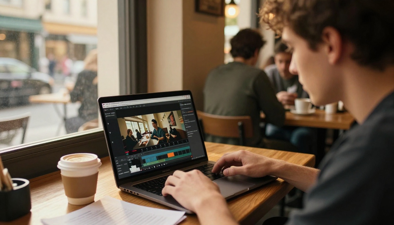 Young male filmmaker reviewing video playback on laptop in warm coffee shop afternoon light