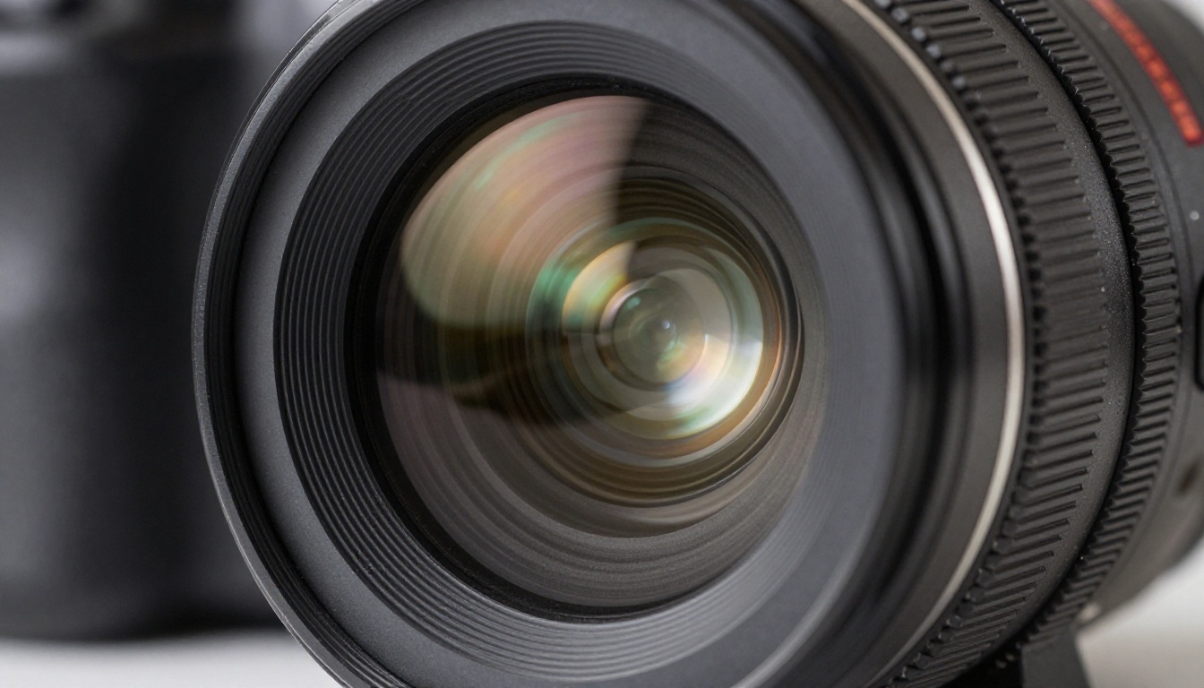 Macro close-up of professional cinema camera lens showing glass elements and metal barrel detail