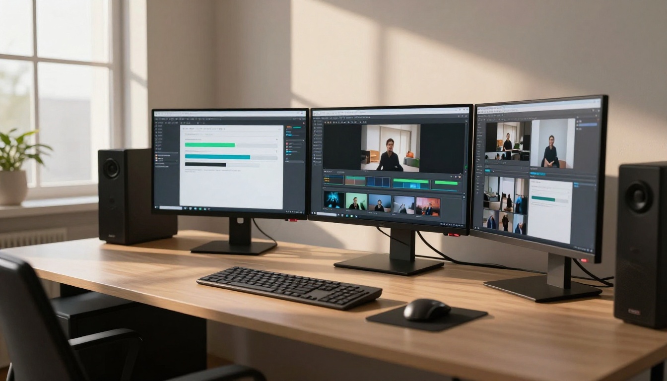 Wide angle modern tech workspace with multiple screens showing AI video generation interfaces