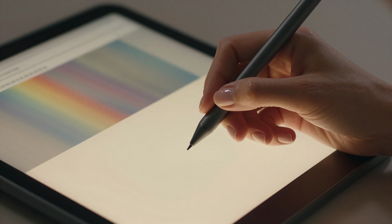 Close-up of a woman's hands with elegant manicured nails holding a drawing tablet stylus above an illuminated surface, warm studio light and ultra-shallow macro focus
