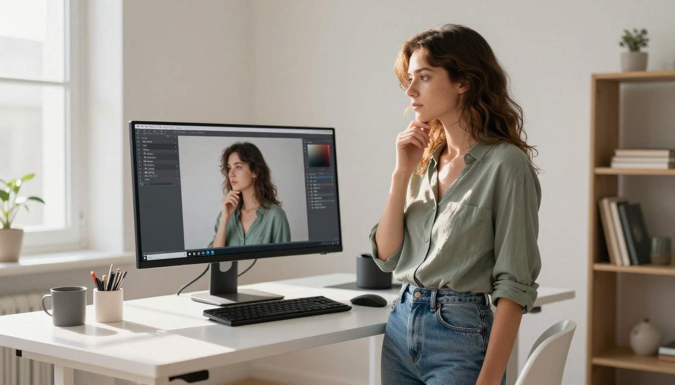 A young woman standing at a minimalist home office standing desk, gazing at a large monitor displaying vivid AI-generated portrait art, warm afternoon side light A young woman standing at a minimalist home office standing desk, gazing at a large monitor displaying vivid AI-generated portrait art, warm afternoon side light