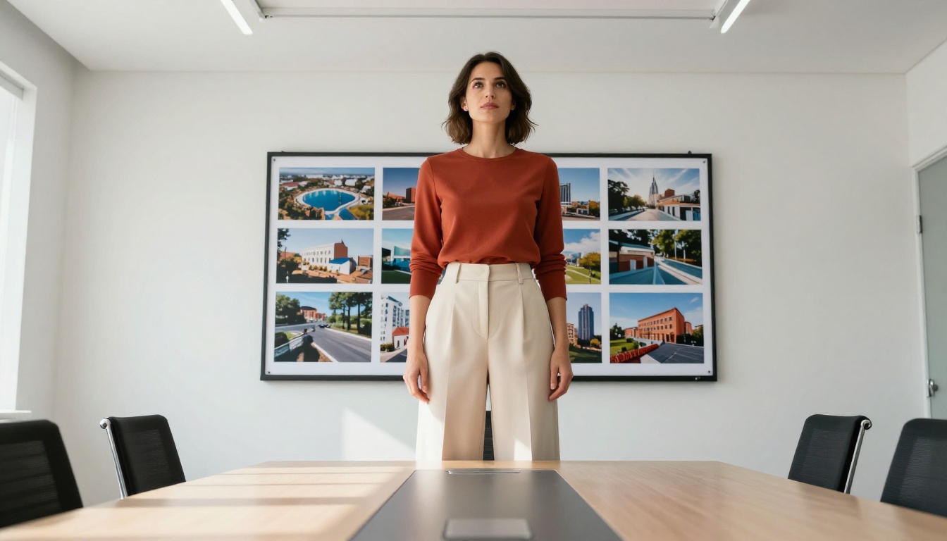 A low-angle view of a confident woman presenting a large printed portfolio board in a bright agency meeting room, overhead track lighting casting crisp shadows A low-angle view of a confident woman presenting a large printed portfolio board in a bright agency meeting room, overhead track lighting casting crisp shadows