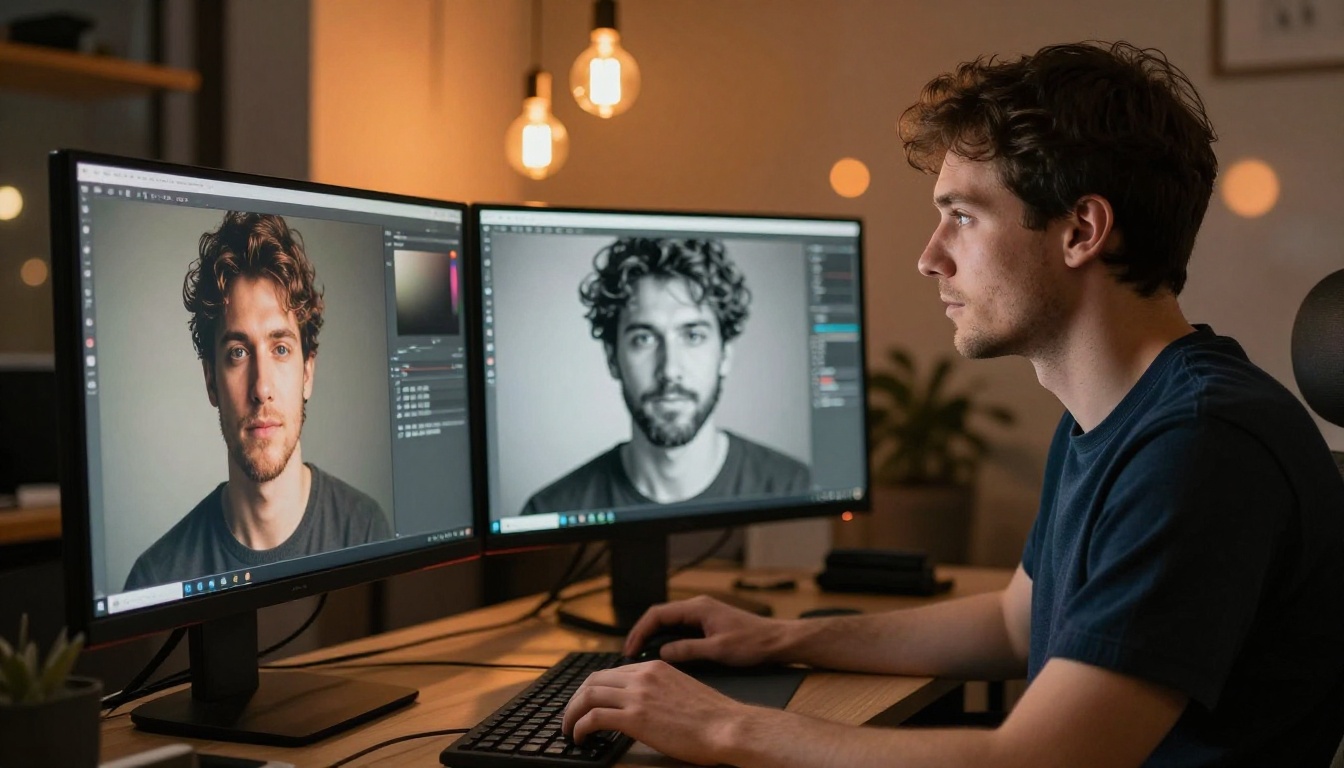 Side profile of a focused man comparing two AI-generated portrait images on dual monitors in a dimly lit warm creative studio with Edison pendant lights