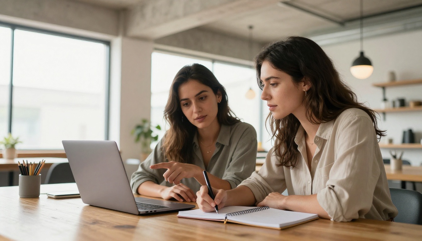 Two women collaborating at a shared long wooden table in a co-working space, one pointing at a laptop screen while the other takes notes, soft daylight from left windows Two women collaborating at a shared long wooden table in a co-working space, one pointing at a laptop screen while the other takes notes, soft daylight from left windows