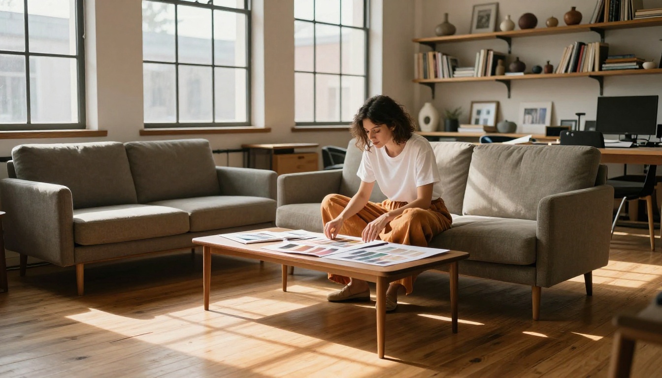 A female designer sitting cross-legged on a mid-century sofa in a warm sunlit studio, reviewing printed color proofs on a coffee table, long morning shadows across the hardwood floor