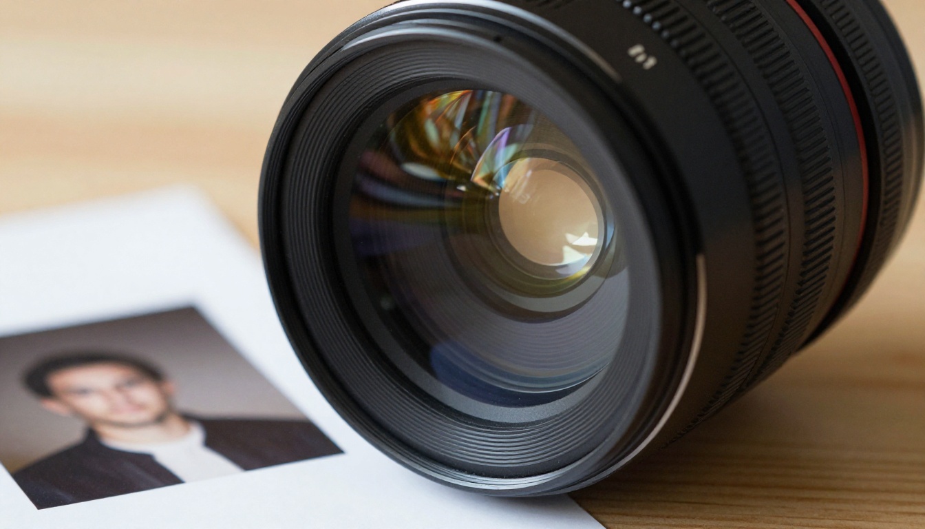Close-up of a professional camera lens resting beside printed contact sheet photographs, crisp highlight along the metallic lens barrel from directional studio light Close-up of a professional camera lens resting beside printed contact sheet photographs, crisp highlight along the metallic lens barrel from directional studio light