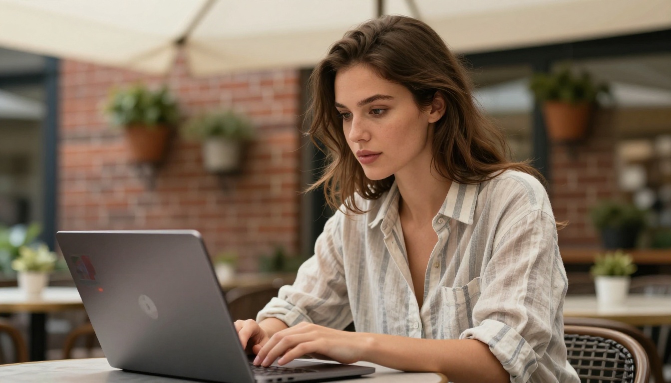 A stylish woman sitting at a cafe terrace table with a laptop open showing a colorful photo editing interface, brick wall and plants softly blurred in the background bokeh