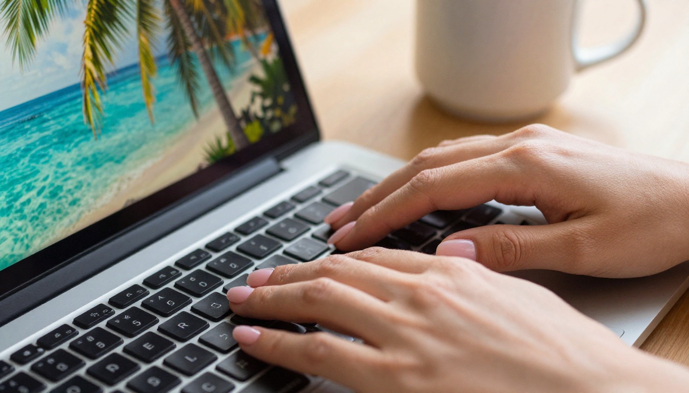 Hands on laptop keyboard reviewing AI-generated images on screen Hands on laptop keyboard reviewing AI-generated images on screen