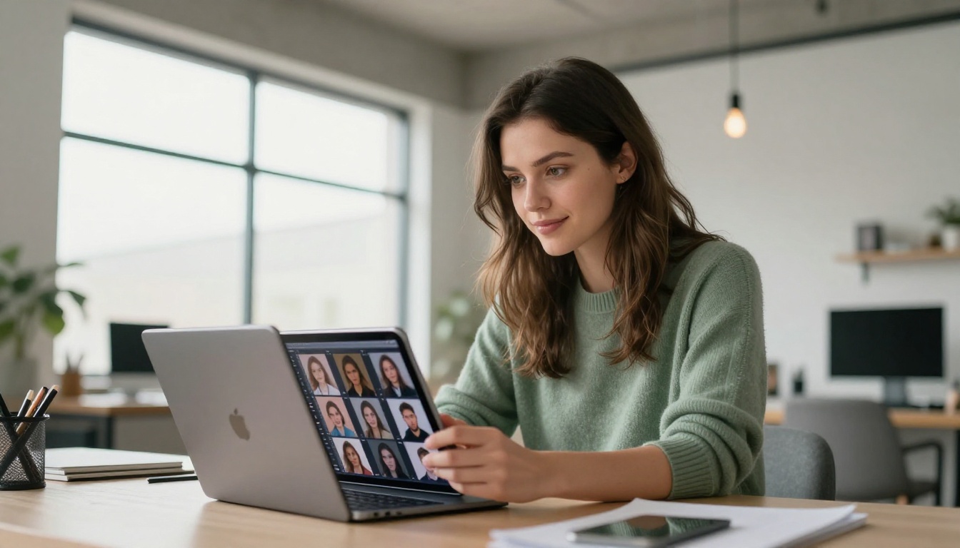 AI designer reviewing creative outputs on multiple screens AI designer reviewing creative outputs on multiple screens