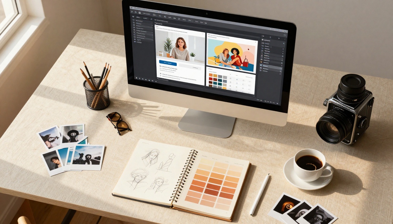 Top-down flat lay of creative designer workspace with AI interface on screen